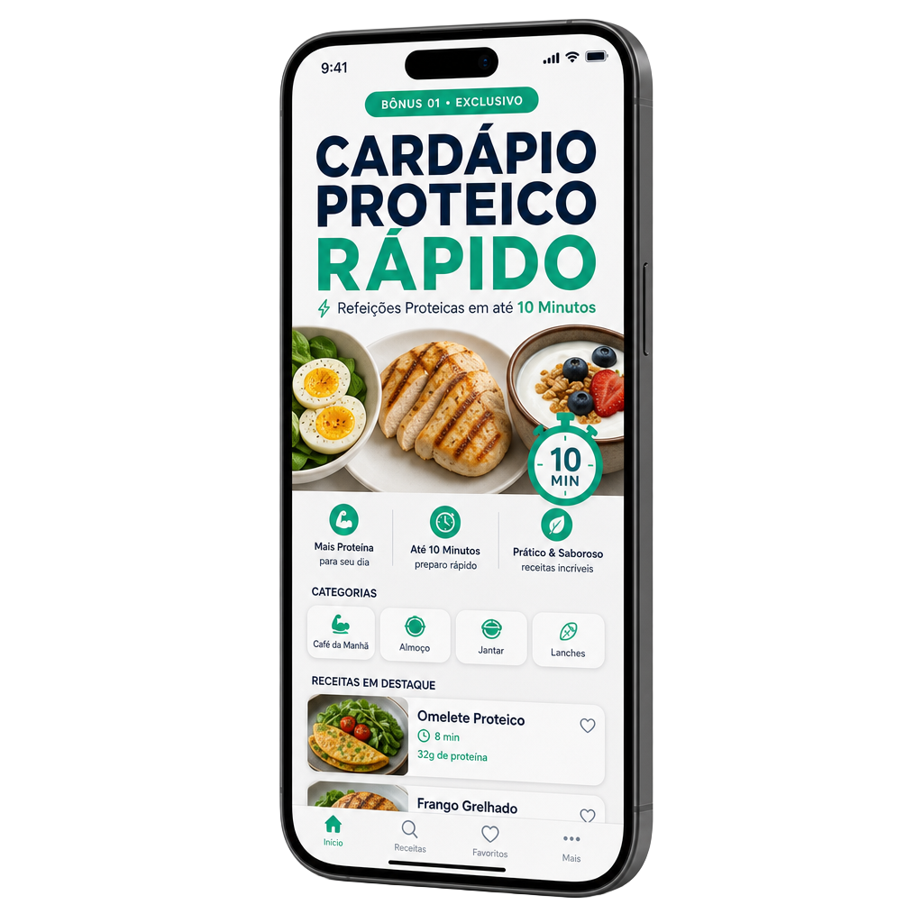Celular exibindo a capa do bônus Cardápio Proteico Rápido