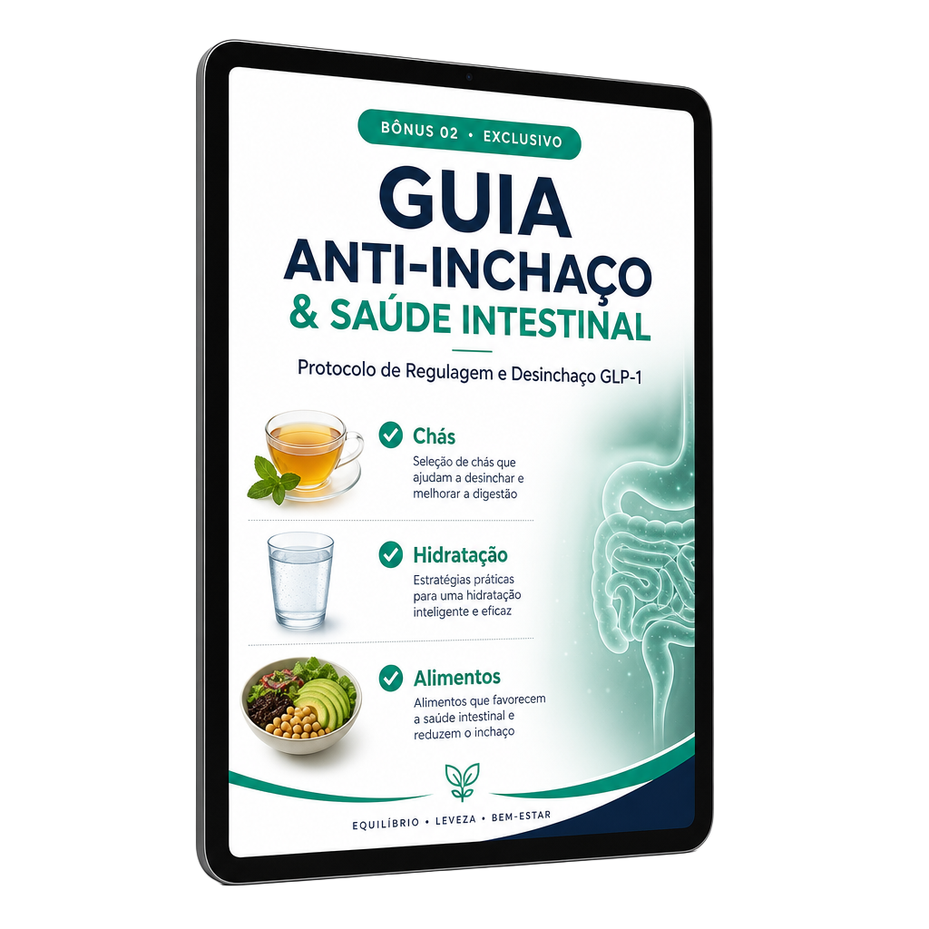 Tablet exibindo a capa do bônus App Anti-Inchaço e Saúde Intestinal