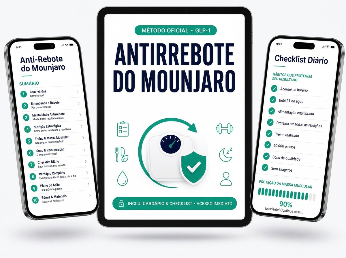 Tablet com a capa oficial do app Antirrebote do Mounjaro entre dois celulares mostrando o sumário e o checklist diário