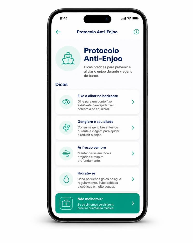 Celular exibindo a tela do Protocolo Anti-Enjoo do app